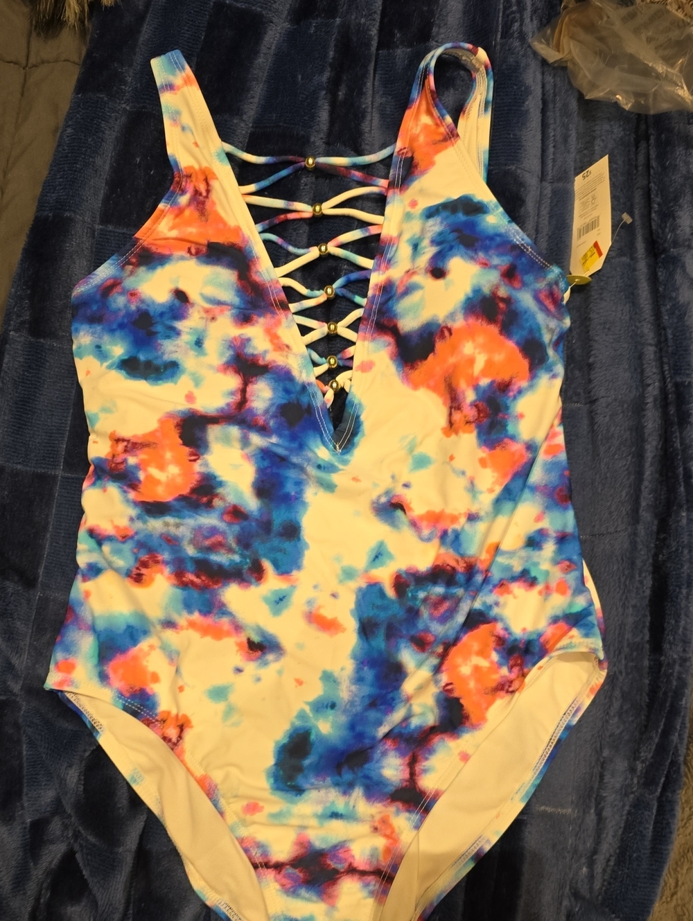 Time and Tru Women's Tie-Dye Lace-Up One-Piece Swimsuit - Blue & Orange